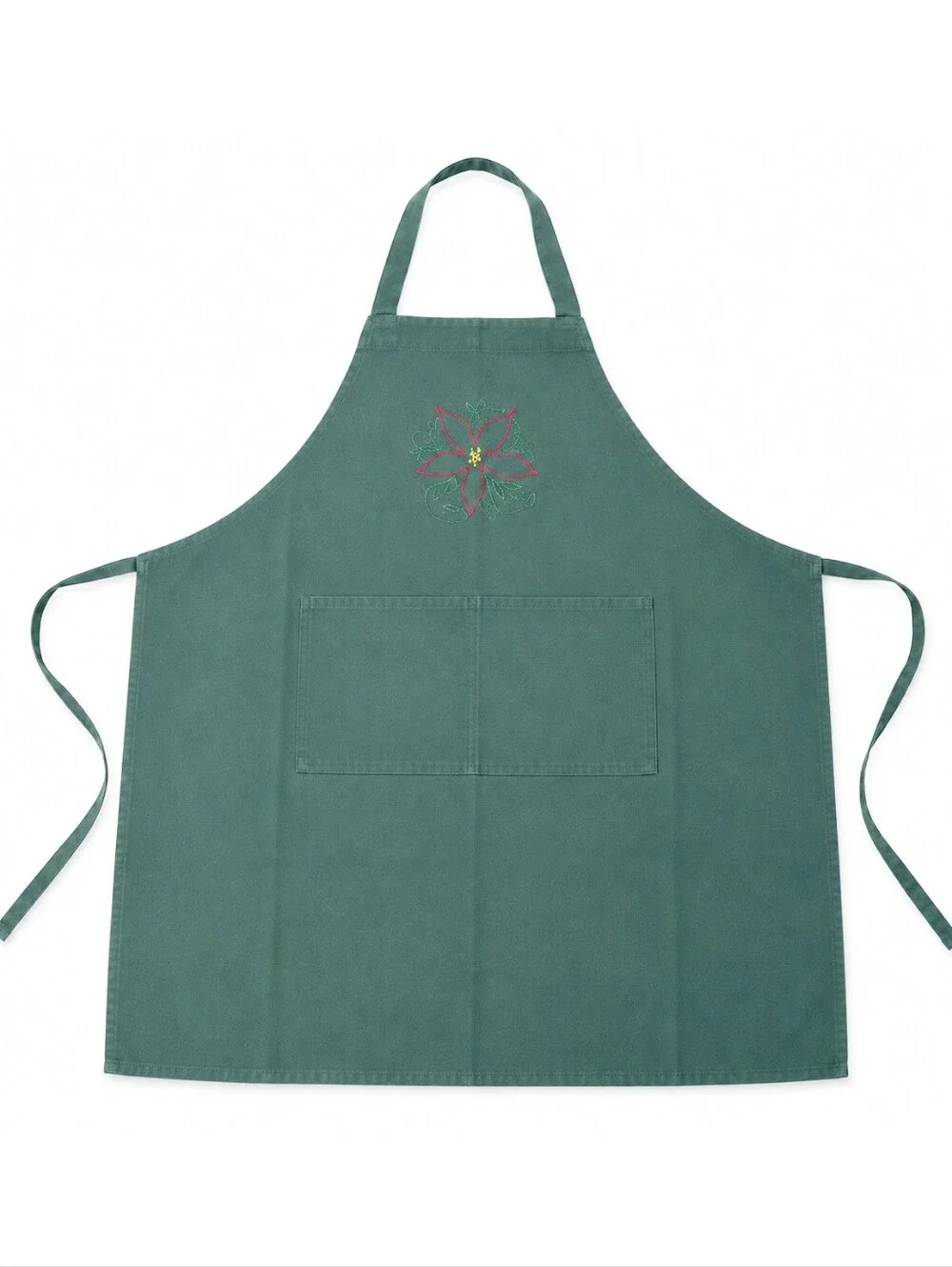 VINTAGE 1970 Christmas Apron Tie-Waist Cotton Forest Green Embroidered Poinsetta
